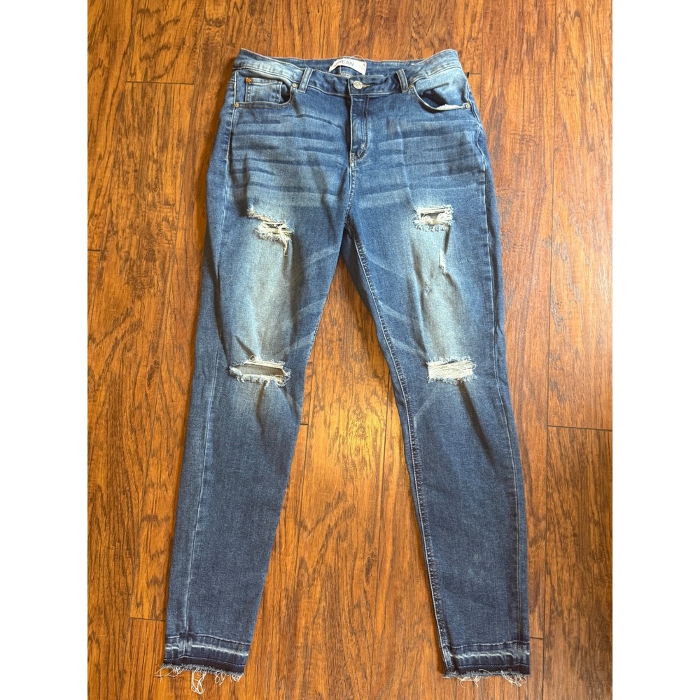 Enjean Womens Distressed Skinny Jeans Medium Wash Raw Hem Plus Size‎ 1X